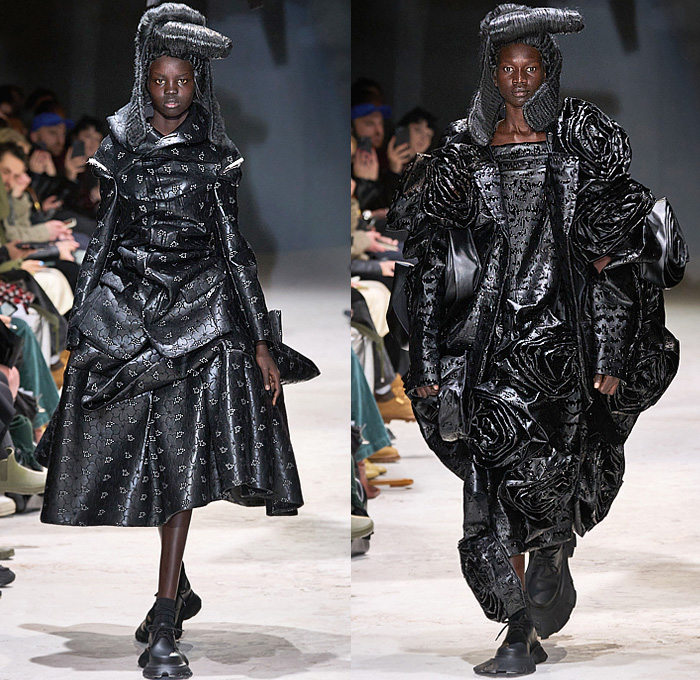 Comme des Garçons 2024-2025 Fall Autumn Winter Womens Runway Looks - Paris Fashion Week Femme PFW - Anger - Vinyl Pleather Capelet Pellegrina Zipper Ruffles Layers Pleats Panels Sculpture Tied Knot Wrap Flare Deconstructed Asymmetrical Crinoline Lantern Skirt Flowers Floral Roses Poodle Skirt Outerwear Jacket Barbed Wires Chains Frankenstein Padded Shoulders Fringes Pinafore Dress Pockets Straps Balloon Bloated Puff Sleeves Poufy Shoulders Judge Wigs