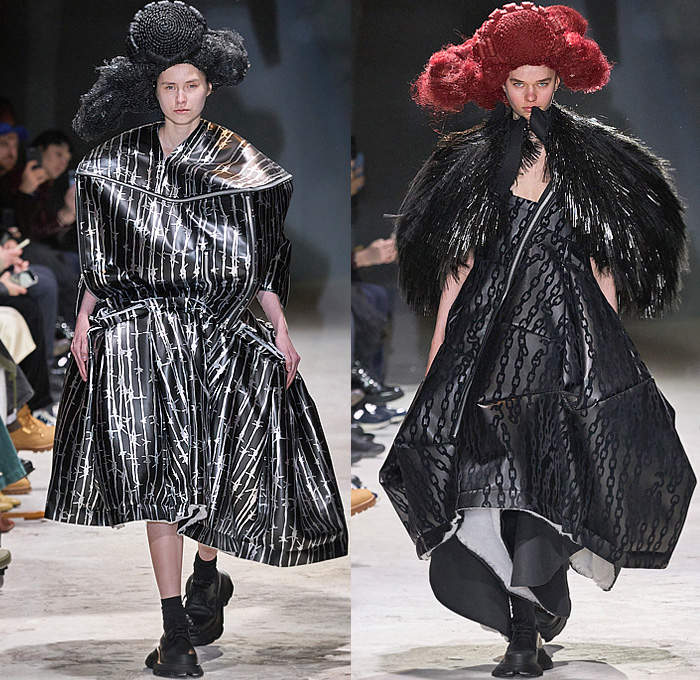 Comme des Garçons 2024-2025 Fall Autumn Winter Womens Runway Looks - Paris Fashion Week Femme PFW - Anger - Vinyl Pleather Capelet Pellegrina Zipper Ruffles Layers Pleats Panels Sculpture Tied Knot Wrap Flare Deconstructed Asymmetrical Crinoline Lantern Skirt Flowers Floral Roses Poodle Skirt Outerwear Jacket Barbed Wires Chains Frankenstein Padded Shoulders Fringes Pinafore Dress Pockets Straps Balloon Bloated Puff Sleeves Poufy Shoulders Judge Wigs