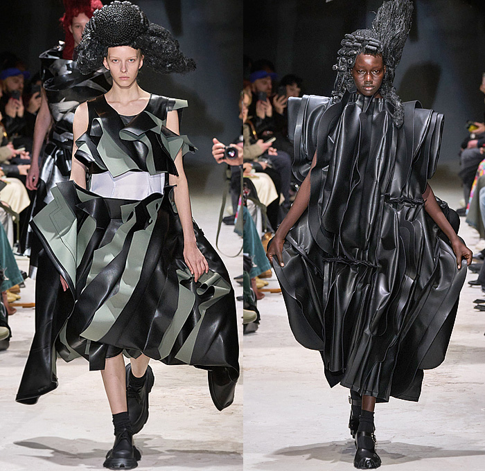 Comme des Garçons 2024-2025 Fall Autumn Winter Womens Runway Looks - Paris Fashion Week Femme PFW - Anger - Vinyl Pleather Capelet Pellegrina Zipper Ruffles Layers Pleats Panels Sculpture Tied Knot Wrap Flare Deconstructed Asymmetrical Crinoline Lantern Skirt Flowers Floral Roses Poodle Skirt Outerwear Jacket Barbed Wires Chains Frankenstein Padded Shoulders Fringes Pinafore Dress Pockets Straps Balloon Bloated Puff Sleeves Poufy Shoulders Judge Wigs