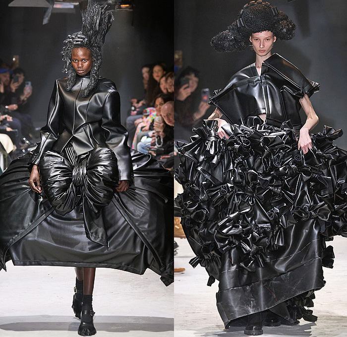 Comme des Garçons 2024-2025 Fall Autumn Winter Womens Runway Looks - Paris Fashion Week Femme PFW - Anger - Vinyl Pleather Capelet Pellegrina Zipper Ruffles Layers Pleats Panels Sculpture Tied Knot Wrap Flare Deconstructed Asymmetrical Crinoline Lantern Skirt Flowers Floral Roses Poodle Skirt Outerwear Jacket Barbed Wires Chains Frankenstein Padded Shoulders Fringes Pinafore Dress Pockets Straps Balloon Bloated Puff Sleeves Poufy Shoulders Judge Wigs