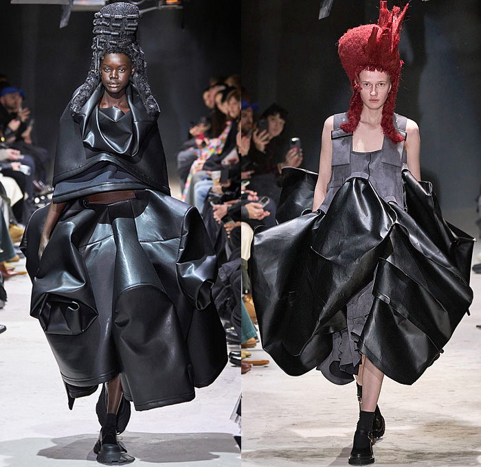 Comme des Garçons 2024-2025 Fall Autumn Winter Womens Runway Looks - Paris Fashion Week Femme PFW - Anger - Vinyl Pleather Capelet Pellegrina Zipper Ruffles Layers Pleats Panels Sculpture Tied Knot Wrap Flare Deconstructed Asymmetrical Crinoline Lantern Skirt Flowers Floral Roses Poodle Skirt Outerwear Jacket Barbed Wires Chains Frankenstein Padded Shoulders Fringes Pinafore Dress Pockets Straps Balloon Bloated Puff Sleeves Poufy Shoulders Judge Wigs