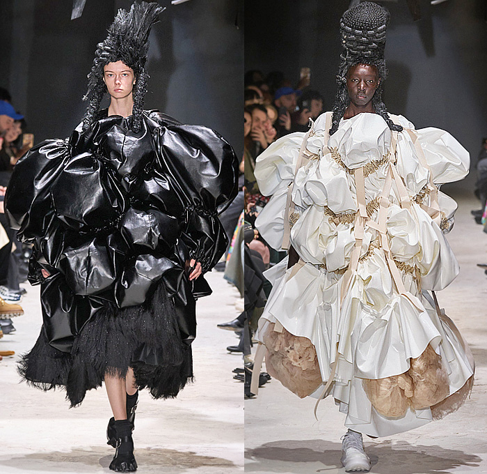 Comme des Garçons 2024-2025 Fall Autumn Winter Womens Runway Looks - Paris Fashion Week Femme PFW - Anger - Vinyl Pleather Capelet Pellegrina Zipper Ruffles Layers Pleats Panels Sculpture Tied Knot Wrap Flare Deconstructed Asymmetrical Crinoline Lantern Skirt Flowers Floral Roses Poodle Skirt Outerwear Jacket Barbed Wires Chains Frankenstein Padded Shoulders Fringes Pinafore Dress Pockets Straps Balloon Bloated Puff Sleeves Poufy Shoulders Judge Wigs