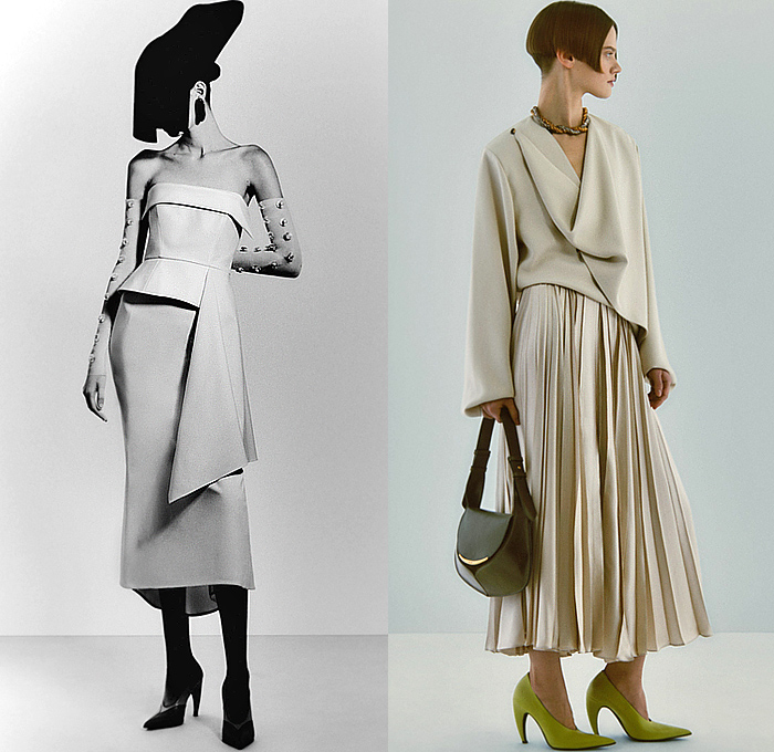 Del Core 2024 Pre-Fall Autumn Womens Lookbook - Pointed Breastplate Sleeveless Turtleneck Sweater Knit Check Grid Draped Curls Wavy Boxy Blazer Jacket Crop Top Midriff Bedazzled Studs Crystals Pompoms Sash Strapless Panel Opera Gloves Accordion Pleats Noodle Strap Miniskirt Pencil Skirt Wide Leg Palazzo Pants Flare Trench Coat Oversized Storm Patch Dress Gown Petal Shoulder Sculpture Sheer Tulle Threads Lace Embroidery Metal Handbag Retro Sunglasses
