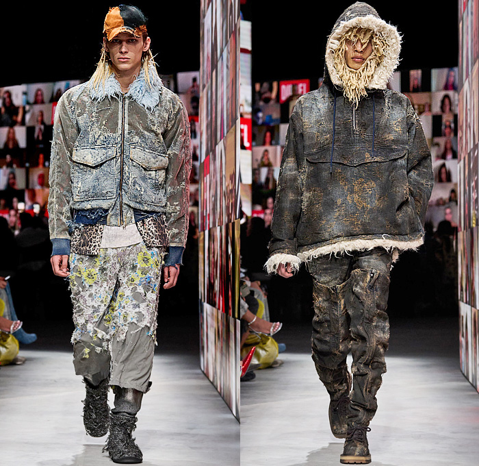 Diesel 2024-2025 Fall Autumn Winter Mens Runway Looks - Milan Fashion Week MFW Italy - Glenn Martens - Jersey Devoré Burnt Sweat Stains Fabric Treatments Grunge Destroyed Destructed Denim Jeans Coated Painted Layers Faux Fur Disintegrate Damaged Rustic Sheer Ribbed Knit Sweatshirt Pockets Leopard Flowers Floral Coat Parka Wide Leg Baggy Puffer Padded Quilted Biker Motorcycle Pants Metallic Slouchy Vest Suit Blazer Jacket Embroidery Feathers Baseball Cap Boots