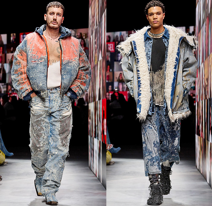 Diesel 2024-2025 Fall Autumn Winter Mens Runway Looks - Milan Fashion Week MFW Italy - Glenn Martens - Jersey Devoré Burnt Sweat Stains Fabric Treatments Grunge Destroyed Destructed Denim Jeans Coated Painted Layers Faux Fur Disintegrate Damaged Rustic Sheer Ribbed Knit Sweatshirt Pockets Leopard Flowers Floral Coat Parka Wide Leg Baggy Puffer Padded Quilted Biker Motorcycle Pants Metallic Slouchy Vest Suit Blazer Jacket Embroidery Feathers Baseball Cap Boots