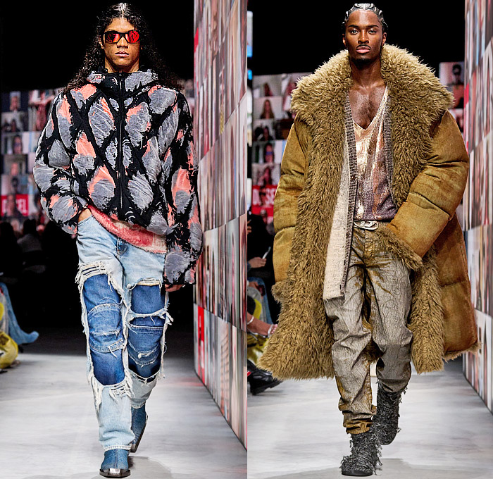 Diesel 2024-2025 Fall Autumn Winter Mens Runway Looks - Milan Fashion Week MFW Italy - Glenn Martens - Jersey Devoré Burnt Sweat Stains Fabric Treatments Grunge Destroyed Destructed Denim Jeans Coated Painted Layers Faux Fur Disintegrate Damaged Rustic Sheer Ribbed Knit Sweatshirt Pockets Leopard Flowers Floral Coat Parka Wide Leg Baggy Puffer Padded Quilted Biker Motorcycle Pants Metallic Slouchy Vest Suit Blazer Jacket Embroidery Feathers Baseball Cap Boots