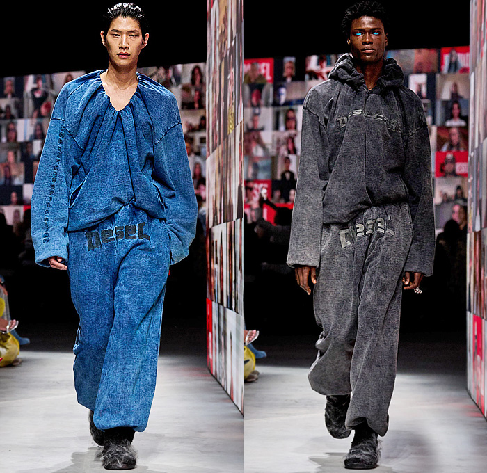 Diesel 2024-2025 Fall Autumn Winter Mens Runway Looks - Milan Fashion Week MFW Italy - Glenn Martens - Jersey Devoré Burnt Sweat Stains Fabric Treatments Grunge Destroyed Destructed Denim Jeans Coated Painted Layers Faux Fur Disintegrate Damaged Rustic Sheer Ribbed Knit Sweatshirt Pockets Leopard Flowers Floral Coat Parka Wide Leg Baggy Puffer Padded Quilted Biker Motorcycle Pants Metallic Slouchy Vest Suit Blazer Jacket Embroidery Feathers Baseball Cap Boots