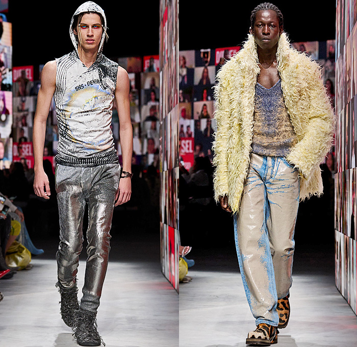 Diesel 2024-2025 Fall Autumn Winter Mens Runway Looks - Milan Fashion Week MFW Italy - Glenn Martens - Jersey Devoré Burnt Sweat Stains Fabric Treatments Grunge Destroyed Destructed Denim Jeans Coated Painted Layers Faux Fur Disintegrate Damaged Rustic Sheer Ribbed Knit Sweatshirt Pockets Leopard Flowers Floral Coat Parka Wide Leg Baggy Puffer Padded Quilted Biker Motorcycle Pants Metallic Slouchy Vest Suit Blazer Jacket Embroidery Feathers Baseball Cap Boots