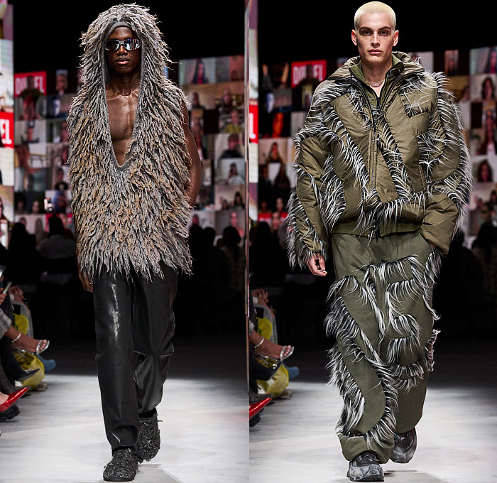 Diesel 2024-2025 Fall Autumn Winter Mens Runway Looks - Milan Fashion Week MFW Italy - Glenn Martens - Jersey Devoré Burnt Sweat Stains Fabric Treatments Grunge Destroyed Destructed Denim Jeans Coated Painted Layers Faux Fur Disintegrate Damaged Rustic Sheer Ribbed Knit Sweatshirt Pockets Leopard Flowers Floral Coat Parka Wide Leg Baggy Puffer Padded Quilted Biker Motorcycle Pants Metallic Slouchy Vest Suit Blazer Jacket Embroidery Feathers Baseball Cap Boots