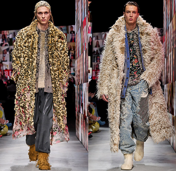 Diesel 2024-2025 Fall Autumn Winter Mens Runway Looks - Milan Fashion Week MFW Italy - Glenn Martens - Jersey Devoré Burnt Sweat Stains Fabric Treatments Grunge Destroyed Destructed Denim Jeans Coated Painted Layers Faux Fur Disintegrate Damaged Rustic Sheer Ribbed Knit Sweatshirt Pockets Leopard Flowers Floral Coat Parka Wide Leg Baggy Puffer Padded Quilted Biker Motorcycle Pants Metallic Slouchy Vest Suit Blazer Jacket Embroidery Feathers Baseball Cap Boots
