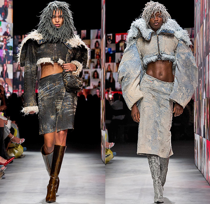 Diesel 2024-2025 Fall Autumn Winter Womens Runway Collection - Milan Fashion Week MFW Italy - Jersey Devoré Burnt Sweat Stains Grunge Destroyed Denim Jeans Patchwork Coated Embroidery Faux Fur Damaged Rustic Decomposed Crop Top Midriff Miniskirt Zoom Video Calls Strapless Mini Dress Noodle Strap Sheer Tulle Leg O'Mutton Sleeves Turtleneck Cutout Hood Check Plaid Bikini Top Knit Flowers Floral Hybrid Coat Parka Puffer Quilted Handbag Zebra Stripes Vest Boots