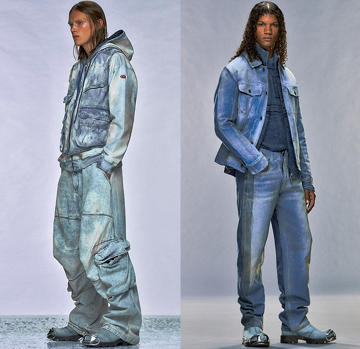 Diesel 2024 Pre-Fall Autumn Mens Lookbook - Glenn Martens - Surface Treatment Layers Grunge Baked Melted Destroyed Destructed Quilted Puffer Outerwear Trench Coat Jacket Hood Parka Denim Jeans Baggy Loose Jogger Sweatpants Vest Cargo Pockets Threads Sweater Shorts Over Pants Camouflage Fur Shearling Baseball Cap Hat Lumberjack D-Hammer Chelsea Boots S-Prototype-CR Caged Sneakers