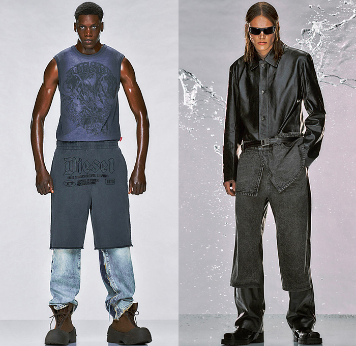 Diesel 2024 Pre-Fall Autumn Mens Lookbook - Glenn Martens - Surface Treatment Layers Grunge Baked Melted Destroyed Destructed Quilted Puffer Outerwear Trench Coat Jacket Hood Parka Denim Jeans Baggy Loose Jogger Sweatpants Vest Cargo Pockets Threads Sweater Shorts Over Pants Camouflage Fur Shearling Baseball Cap Hat Lumberjack D-Hammer Chelsea Boots S-Prototype-CR Caged Sneakers