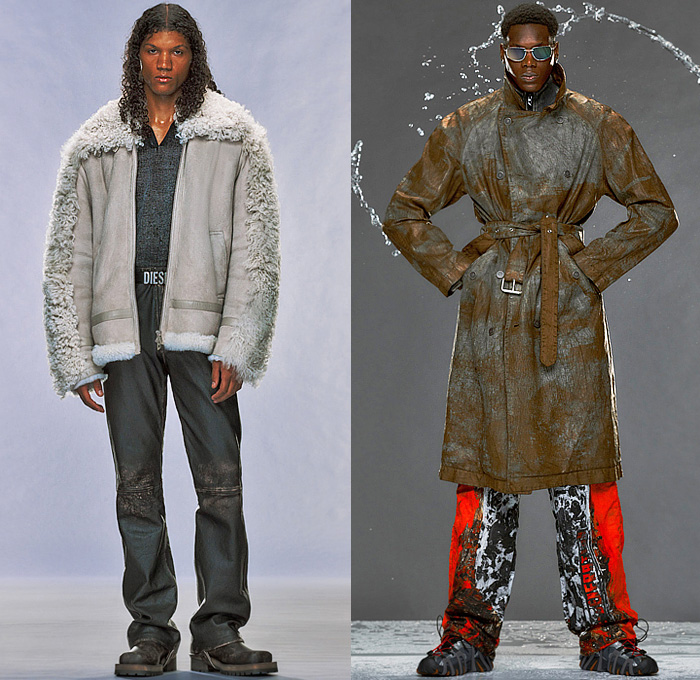 Diesel 2024 Pre-Fall Autumn Mens Lookbook - Glenn Martens - Surface Treatment Layers Grunge Baked Melted Destroyed Destructed Quilted Puffer Outerwear Trench Coat Jacket Hood Parka Denim Jeans Baggy Loose Jogger Sweatpants Vest Cargo Pockets Threads Sweater Shorts Over Pants Camouflage Fur Shearling Baseball Cap Hat Lumberjack D-Hammer Chelsea Boots S-Prototype-CR Caged Sneakers