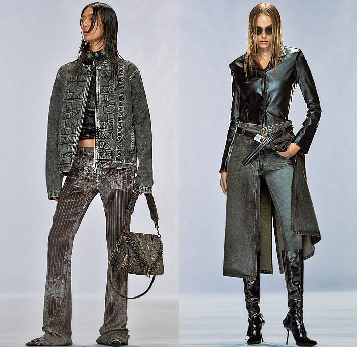 Diesel 2024 Pre-Fall Autumn Womens Lookbook - Glenn Martens - Surface Treatment Layers Grunge Baked Melted Destroyed Peeled Blouse Skirt Crop Top Midriff Engraved Denim Jeans Jacket Pinstripe Hybrid Patchwork Panel Shirtdress Knit Hood Plaid Check Pockets Sweatpants Jogger Baggy Cargo Pants Camouflage Quilted Puffer Vest Coat Parka Bedazzled Sequins Faux Fur Cutout Waist Micro Dress Threads Metallic Iridescent Tights Leggings Shawl Handbag Thigh High Boots