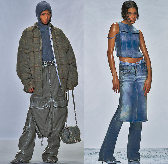Diesel 2024 Pre-Fall Autumn Womens Lookbook - Glenn Martens - Surface Treatment Layers Grunge Baked Melted Destroyed Peeled Blouse Skirt Crop Top Midriff Engraved Denim Jeans Jacket Pinstripe Hybrid Patchwork Panel Shirtdress Knit Hood Plaid Check Pockets Sweatpants Jogger Baggy Cargo Pants Camouflage Quilted Puffer Vest Coat Parka Bedazzled Sequins Faux Fur Cutout Waist Micro Dress Threads Metallic Iridescent Tights Leggings Shawl Handbag Thigh High Boots