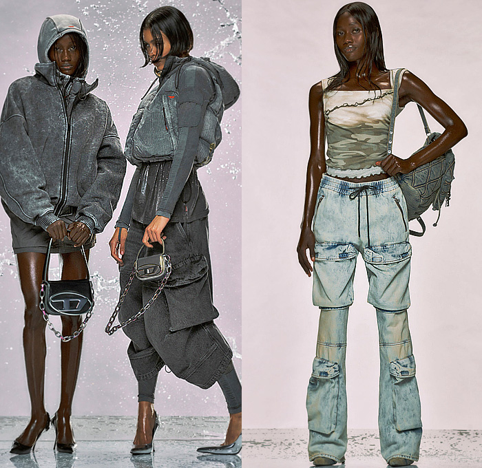 Diesel 2024 Pre-Fall Autumn Womens Lookbook - Glenn Martens - Surface Treatment Layers Grunge Baked Melted Destroyed Peeled Blouse Skirt Crop Top Midriff Engraved Denim Jeans Jacket Pinstripe Hybrid Patchwork Panel Shirtdress Knit Hood Plaid Check Pockets Sweatpants Jogger Baggy Cargo Pants Camouflage Quilted Puffer Vest Coat Parka Bedazzled Sequins Faux Fur Cutout Waist Micro Dress Threads Metallic Iridescent Tights Leggings Shawl Handbag Thigh High Boots