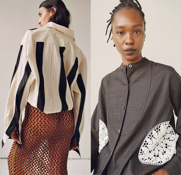 Diotima 2024-2025 Fall Autumn Winter Womens Lookbook - New York Fashion Week NYFW - Fever - Knit Crochet Mesh Fishnet Cutout Holes Turtleneck Sweater Jumper Bedazzled Crystals Ribbons Trompe L'oeil Crop Top Midriff Kaftan Caftan Vest Skirt Tied Fringes Trims Patchwork Jacket Stripes Shirtdress Blazer Pantsuit Wide Leg Dress Open Back Outerwear Coat Embossed Boots