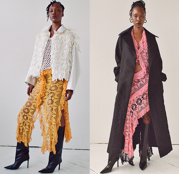 Diotima 2024-2025 Fall Autumn Winter Womens Lookbook - New York Fashion Week NYFW - Fever - Knit Crochet Mesh Fishnet Cutout Holes Turtleneck Sweater Jumper Bedazzled Crystals Ribbons Trompe L'oeil Crop Top Midriff Kaftan Caftan Vest Skirt Tied Fringes Trims Patchwork Jacket Stripes Shirtdress Blazer Pantsuit Wide Leg Dress Open Back Outerwear Coat Embossed Boots