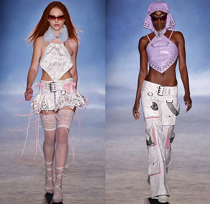 Dominnico 2024-2025 Fall Autumn Winter Womens Runway Collection - 080 Barcelona Spain - Hook - Sailor Hat Shoelaces Lace Needlework Flowers Floral Embroidery Sheer Tulle Lingerie Fur Blouse Straps Grommets Belts Fringes Denim Jeans Frayed Raw Hem Patchwork Crop Top Midriff Vest Bustier Miniskirt Pockets Metal Studs Cutout Strapless Dress Halterneck Bib Ribbon Bow Tights Stockings Strings Cargo Pants Chain Utility Pockets Motorcycle Biker Jacket Leather Boots