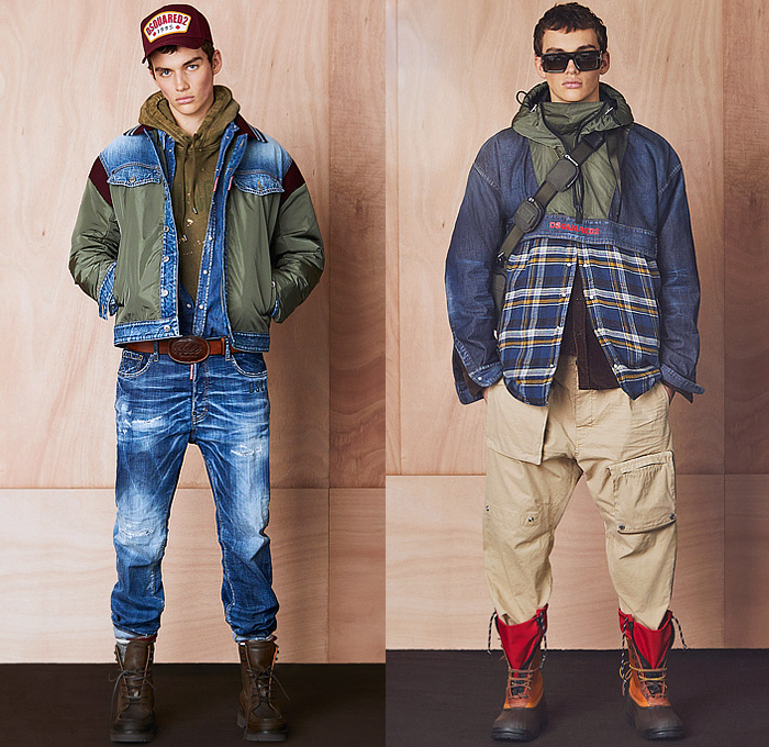 Dsquared2 2024 Pre-Fall Autumn Mens Lookbook - Trucker Hat Denim Jeans Hybrid Patchwork Coat Fur Shearling Aviator Jacket Hoodie Sweatshirt Rustic Distressed Parka Raincoat Anorak Windbreaker Plaid Check Pockets Cargo Pants Knit Patches Wool Peeled Leggings Tights Fishing Vest Cargo Shorts Velvet Tuxedo Studs Bedazzled Crystals Zigzag Quilted Puffer Hiking Biker Motorcycle Boots Handbag Clutch Crossbody Bag Duffel