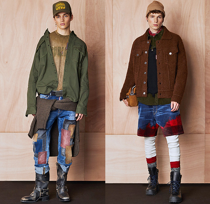 Dsquared2 2024 Pre-Fall Autumn Mens Lookbook - Trucker Hat Denim Jeans Hybrid Patchwork Coat Fur Shearling Aviator Jacket Hoodie Sweatshirt Rustic Distressed Parka Raincoat Anorak Windbreaker Plaid Check Pockets Cargo Pants Knit Patches Wool Peeled Leggings Tights Fishing Vest Cargo Shorts Velvet Tuxedo Studs Bedazzled Crystals Zigzag Quilted Puffer Hiking Biker Motorcycle Boots Handbag Clutch Crossbody Bag Duffel