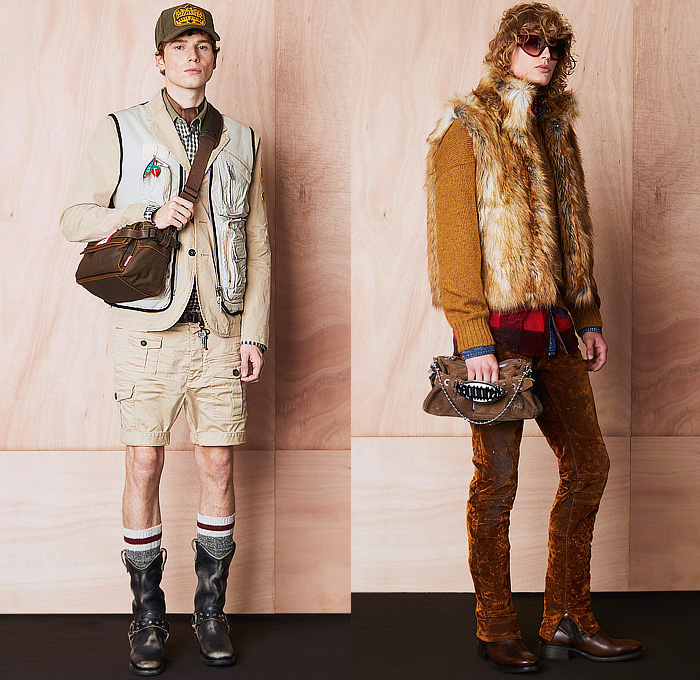 Dsquared2 2024 Pre-Fall Autumn Mens Lookbook - Trucker Hat Denim Jeans Hybrid Patchwork Coat Fur Shearling Aviator Jacket Hoodie Sweatshirt Rustic Distressed Parka Raincoat Anorak Windbreaker Plaid Check Pockets Cargo Pants Knit Patches Wool Peeled Leggings Tights Fishing Vest Cargo Shorts Velvet Tuxedo Studs Bedazzled Crystals Zigzag Quilted Puffer Hiking Biker Motorcycle Boots Handbag Clutch Crossbody Bag Duffel