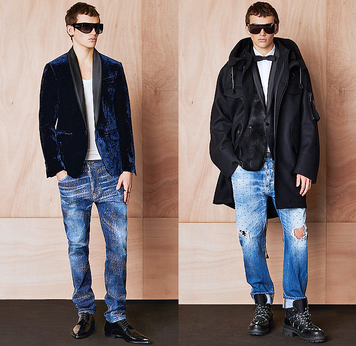 Dsquared2 2024 Pre-Fall Autumn Mens Lookbook - Trucker Hat Denim Jeans Hybrid Patchwork Coat Fur Shearling Aviator Jacket Hoodie Sweatshirt Rustic Distressed Parka Raincoat Anorak Windbreaker Plaid Check Pockets Cargo Pants Knit Patches Wool Peeled Leggings Tights Fishing Vest Cargo Shorts Velvet Tuxedo Studs Bedazzled Crystals Zigzag Quilted Puffer Hiking Biker Motorcycle Boots Handbag Clutch Crossbody Bag Duffel