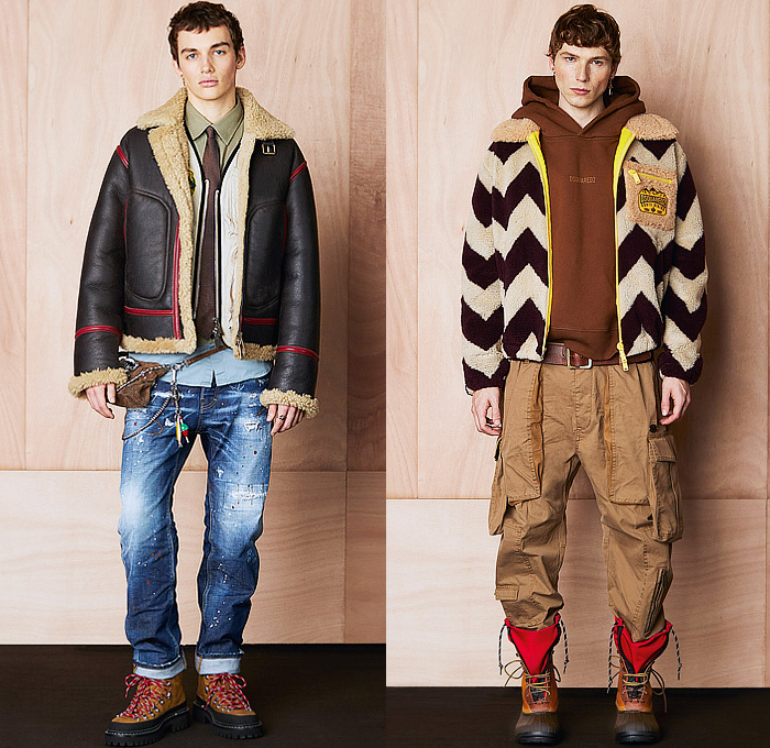 Dsquared2 2024 Pre-Fall Autumn Mens Lookbook - Trucker Hat Denim Jeans Hybrid Patchwork Coat Fur Shearling Aviator Jacket Hoodie Sweatshirt Rustic Distressed Parka Raincoat Anorak Windbreaker Plaid Check Pockets Cargo Pants Knit Patches Wool Peeled Leggings Tights Fishing Vest Cargo Shorts Velvet Tuxedo Studs Bedazzled Crystals Zigzag Quilted Puffer Hiking Biker Motorcycle Boots Handbag Clutch Crossbody Bag Duffel