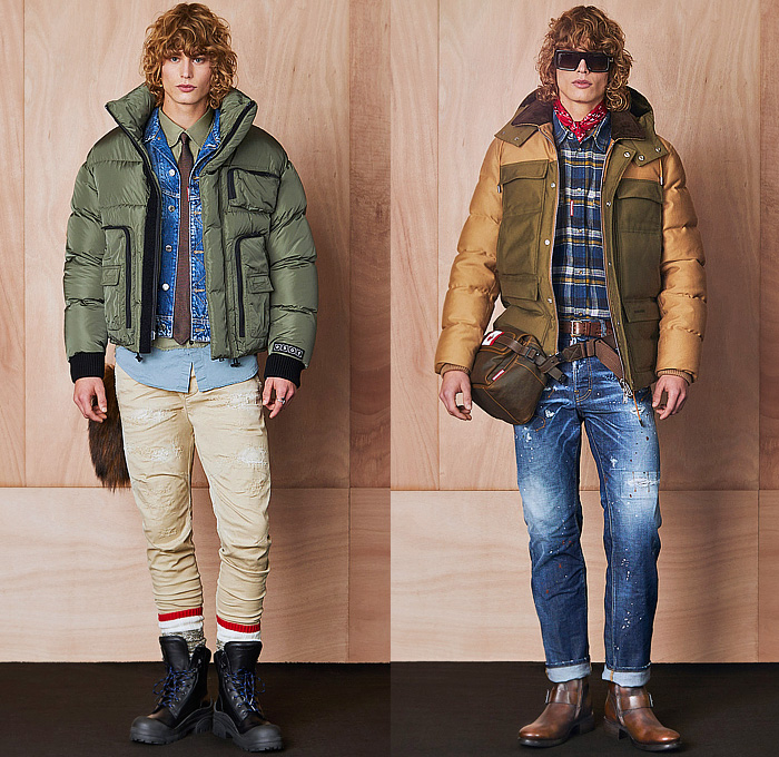 Dsquared2 2024 Pre-Fall Autumn Mens Lookbook - Trucker Hat Denim Jeans Hybrid Patchwork Coat Fur Shearling Aviator Jacket Hoodie Sweatshirt Rustic Distressed Parka Raincoat Anorak Windbreaker Plaid Check Pockets Cargo Pants Knit Patches Wool Peeled Leggings Tights Fishing Vest Cargo Shorts Velvet Tuxedo Studs Bedazzled Crystals Zigzag Quilted Puffer Hiking Biker Motorcycle Boots Handbag Clutch Crossbody Bag Duffel