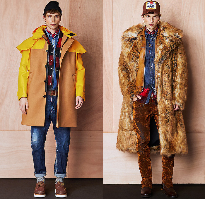 Dsquared2 2024 Pre-Fall Autumn Mens Lookbook - Trucker Hat Denim Jeans Hybrid Patchwork Coat Fur Shearling Aviator Jacket Hoodie Sweatshirt Rustic Distressed Parka Raincoat Anorak Windbreaker Plaid Check Pockets Cargo Pants Knit Patches Wool Peeled Leggings Tights Fishing Vest Cargo Shorts Velvet Tuxedo Studs Bedazzled Crystals Zigzag Quilted Puffer Hiking Biker Motorcycle Boots Handbag Clutch Crossbody Bag Duffel