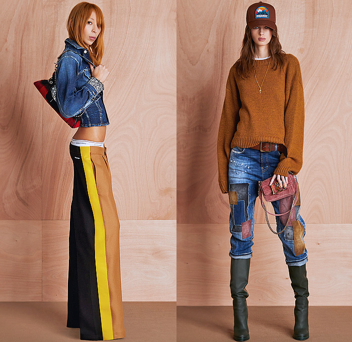 Dsquared2 2024 Pre-Fall Autumn Womens Lookbook - Denim Jeans Patchwork Patches Onesie Jumpsuit Blouse Shirt Trucker Hat Knit Crop Top Midriff Cardigan Sweater Chain Studs Rivets Fur Bib Brace Miniskirt One Shoulder Sheer Tulle Bedazzled Sequins Micro Dress Quilted Puffer Field Jacket Hoodie Sweatshirt Hybrid Wide Leg Palazzo Pants Rustic Low Crotch Briefs Vest Cargo Pants Corduroy Pea Coat Bustier Strapless Zipper Tutu Peplum Handbag Duffel Bag Clutch Duck Boots