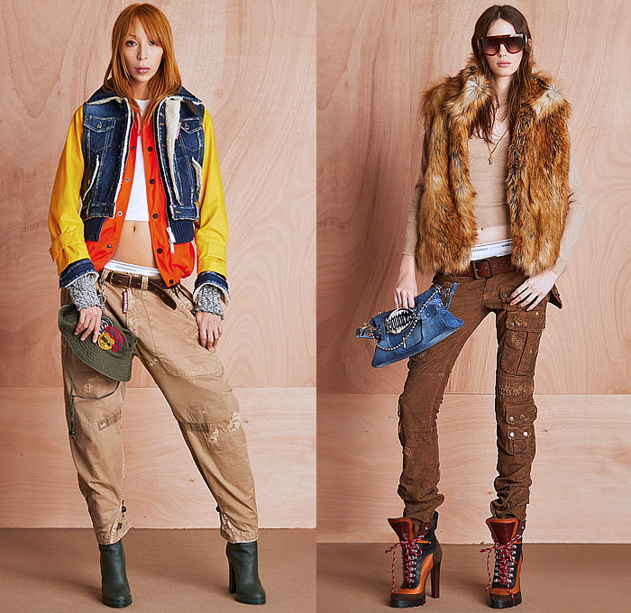 Dsquared2 2024 Pre-Fall Autumn Womens Lookbook - Denim Jeans Patchwork Patches Onesie Jumpsuit Blouse Shirt Trucker Hat Knit Crop Top Midriff Cardigan Sweater Chain Studs Rivets Fur Bib Brace Miniskirt One Shoulder Sheer Tulle Bedazzled Sequins Micro Dress Quilted Puffer Field Jacket Hoodie Sweatshirt Hybrid Wide Leg Palazzo Pants Rustic Low Crotch Briefs Vest Cargo Pants Corduroy Pea Coat Bustier Strapless Zipper Tutu Peplum Handbag Duffel Bag Clutch Duck Boots