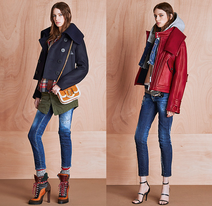 Dsquared2 2024 Pre-Fall Autumn Womens Lookbook - Denim Jeans Patchwork Patches Onesie Jumpsuit Blouse Shirt Trucker Hat Knit Crop Top Midriff Cardigan Sweater Chain Studs Rivets Fur Bib Brace Miniskirt One Shoulder Sheer Tulle Bedazzled Sequins Micro Dress Quilted Puffer Field Jacket Hoodie Sweatshirt Hybrid Wide Leg Palazzo Pants Rustic Low Crotch Briefs Vest Cargo Pants Corduroy Pea Coat Bustier Strapless Zipper Tutu Peplum Handbag Duffel Bag Clutch Duck Boots