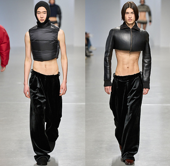 Duran Lantink 2024-2025 Fall Autumn Winter Mens Runway Looks - Paris Fashion Week Femme PFW - Duran-ski - Hood Balaclava Sleeveless Vest Gilet Quilted Puffer Crop Top Midriff Leather Bulky Ribbed Knit Padded Chevron Turtleneck Sweater Jumper Banded Briefs Decorative Art Ornamental Laces Patchwork Corduroy Slit Slash Cutout Onesie Jacketall Anorak Coat Plush Fur Wide Lapel Velvet Trousers Slouchy Wide Leg Leggings Thigh High Gloves