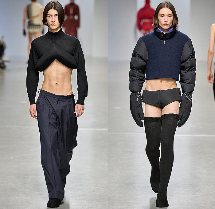 Duran Lantink 2024-2025 Fall Autumn Winter Mens Runway Looks - Paris Fashion Week Femme PFW - Duran-ski - Hood Balaclava Sleeveless Vest Gilet Quilted Puffer Crop Top Midriff Leather Bulky Ribbed Knit Padded Chevron Turtleneck Sweater Jumper Banded Briefs Decorative Art Ornamental Laces Patchwork Corduroy Slit Slash Cutout Onesie Jacketall Anorak Coat Plush Fur Wide Lapel Velvet Trousers Slouchy Wide Leg Leggings Thigh High Gloves