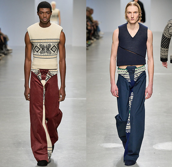 Duran Lantink 2024-2025 Fall Autumn Winter Mens Runway Looks - Paris Fashion Week Femme PFW - Duran-ski - Hood Balaclava Sleeveless Vest Gilet Quilted Puffer Crop Top Midriff Leather Bulky Ribbed Knit Padded Chevron Turtleneck Sweater Jumper Banded Briefs Decorative Art Ornamental Laces Patchwork Corduroy Slit Slash Cutout Onesie Jacketall Anorak Coat Plush Fur Wide Lapel Velvet Trousers Slouchy Wide Leg Leggings Thigh High Gloves