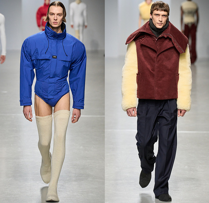 Duran Lantink 2024-2025 Fall Autumn Winter Mens Runway Looks - Paris Fashion Week Femme PFW - Duran-ski - Hood Balaclava Sleeveless Vest Gilet Quilted Puffer Crop Top Midriff Leather Bulky Ribbed Knit Padded Chevron Turtleneck Sweater Jumper Banded Briefs Decorative Art Ornamental Laces Patchwork Corduroy Slit Slash Cutout Onesie Jacketall Anorak Coat Plush Fur Wide Lapel Velvet Trousers Slouchy Wide Leg Leggings Thigh High Gloves