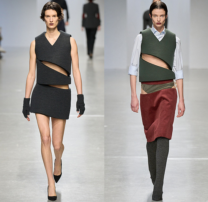 Duran Lantink 2024-2025 Fall Autumn Winter Womens Runway Looks - Paris Fashion Week Femme PFW - Padded Vest Slit Cutout Slashed Crop Top Midriff Miniskirt Knit Corduroy Blouse Decorative Art Hood Plush Fur Hotpants Banded Skirt Sheer Dress Bulky Frankenstein Shoulders Cardigan Sweater Leather Jacket Blazer Coat Anorak Parka Quilted Puffer Pantsuit Sculpture Halterneck Leotard Onesie Jumpsuit Playsuit Cutout Waist Strapless Gown Bulb Bulge Gloves Tights Leggings