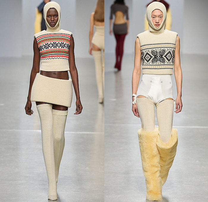 Duran Lantink 2024-2025 Fall Autumn Winter Womens Runway Looks - Paris Fashion Week Femme PFW - Padded Vest Slit Cutout Slashed Crop Top Midriff Miniskirt Knit Corduroy Blouse Decorative Art Hood Plush Fur Hotpants Banded Skirt Sheer Dress Bulky Frankenstein Shoulders Cardigan Sweater Leather Jacket Blazer Coat Anorak Parka Quilted Puffer Pantsuit Sculpture Halterneck Leotard Onesie Jumpsuit Playsuit Cutout Waist Strapless Gown Bulb Bulge Gloves Tights Leggings