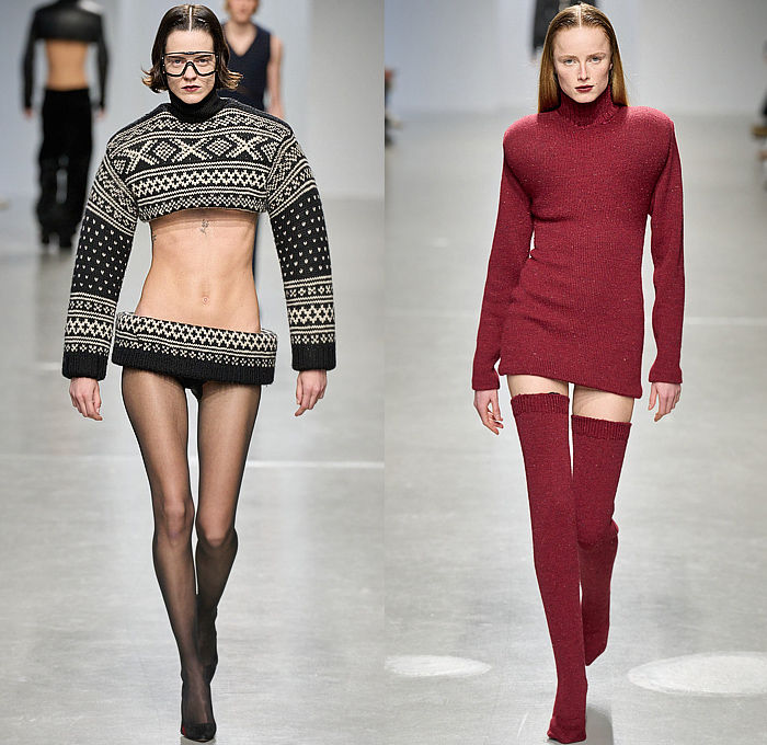 Duran Lantink 2024-2025 Fall Autumn Winter Womens Runway Looks - Paris Fashion Week Femme PFW - Padded Vest Slit Cutout Slashed Crop Top Midriff Miniskirt Knit Corduroy Blouse Decorative Art Hood Plush Fur Hotpants Banded Skirt Sheer Dress Bulky Frankenstein Shoulders Cardigan Sweater Leather Jacket Blazer Coat Anorak Parka Quilted Puffer Pantsuit Sculpture Halterneck Leotard Onesie Jumpsuit Playsuit Cutout Waist Strapless Gown Bulb Bulge Gloves Tights Leggings