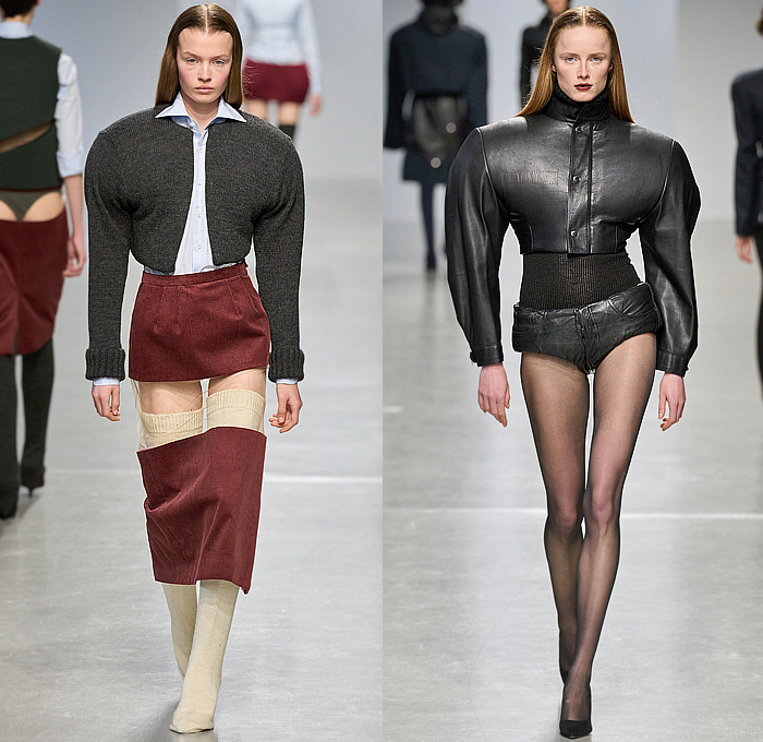 Duran Lantink 2024-2025 Fall Autumn Winter Womens Runway Looks - Paris Fashion Week Femme PFW - Padded Vest Slit Cutout Slashed Crop Top Midriff Miniskirt Knit Corduroy Blouse Decorative Art Hood Plush Fur Hotpants Banded Skirt Sheer Dress Bulky Frankenstein Shoulders Cardigan Sweater Leather Jacket Blazer Coat Anorak Parka Quilted Puffer Pantsuit Sculpture Halterneck Leotard Onesie Jumpsuit Playsuit Cutout Waist Strapless Gown Bulb Bulge Gloves Tights Leggings