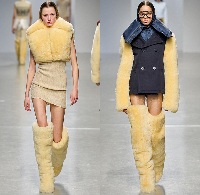 Duran Lantink 2024-2025 Fall Autumn Winter Womens Runway Looks - Paris Fashion Week Femme PFW - Padded Vest Slit Cutout Slashed Crop Top Midriff Miniskirt Knit Corduroy Blouse Decorative Art Hood Plush Fur Hotpants Banded Skirt Sheer Dress Bulky Frankenstein Shoulders Cardigan Sweater Leather Jacket Blazer Coat Anorak Parka Quilted Puffer Pantsuit Sculpture Halterneck Leotard Onesie Jumpsuit Playsuit Cutout Waist Strapless Gown Bulb Bulge Gloves Tights Leggings