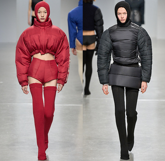 Duran Lantink 2024-2025 Fall Autumn Winter Womens Runway Looks - Paris Fashion Week Femme PFW - Padded Vest Slit Cutout Slashed Crop Top Midriff Miniskirt Knit Corduroy Blouse Decorative Art Hood Plush Fur Hotpants Banded Skirt Sheer Dress Bulky Frankenstein Shoulders Cardigan Sweater Leather Jacket Blazer Coat Anorak Parka Quilted Puffer Pantsuit Sculpture Halterneck Leotard Onesie Jumpsuit Playsuit Cutout Waist Strapless Gown Bulb Bulge Gloves Tights Leggings