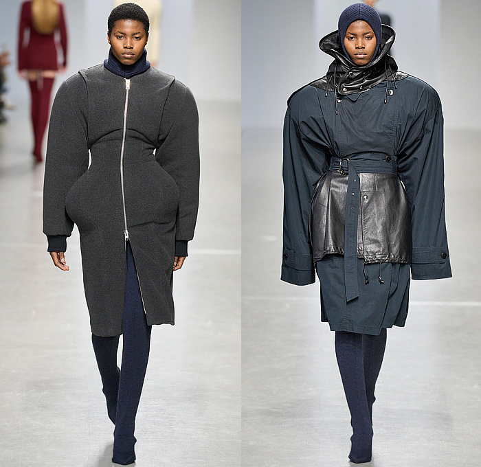 Duran Lantink 2024-2025 Fall Autumn Winter Womens Runway Looks - Paris Fashion Week Femme PFW - Padded Vest Slit Cutout Slashed Crop Top Midriff Miniskirt Knit Corduroy Blouse Decorative Art Hood Plush Fur Hotpants Banded Skirt Sheer Dress Bulky Frankenstein Shoulders Cardigan Sweater Leather Jacket Blazer Coat Anorak Parka Quilted Puffer Pantsuit Sculpture Halterneck Leotard Onesie Jumpsuit Playsuit Cutout Waist Strapless Gown Bulb Bulge Gloves Tights Leggings