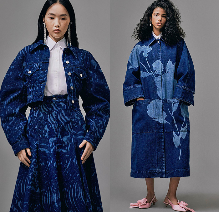 Erdem 2024 Pre-Fall Autumn Womens Lookbook - Indigo Denim Jeans Violetta Bloom Flowers Floral Bustier Gown Roses Trompe L'oeil Trapeze Dress Bodice Draped Sash Big Bow Paisley Tweed Jacket Peplum Tuxedo Tux Black Grain de Poudre Cocktail Dress Bedazzled Crystals Sequins Beads Silhouette Check Shirtdress Trench Coat Embroidery Puff Sleeves Strapless Pinafore Poodle Skirt Knit Sweater Blurry Pantsuit Blazer Minisksirt Pellegrina Butterfly Shoulders