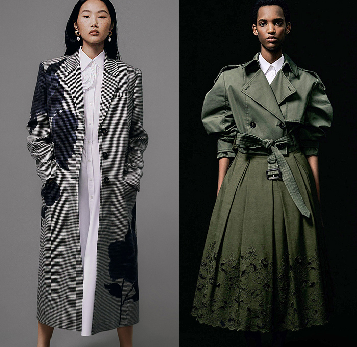 Erdem 2024 Pre-Fall Autumn Womens Lookbook - Indigo Denim Jeans Violetta Bloom Flowers Floral Bustier Gown Roses Trompe L'oeil Trapeze Dress Bodice Draped Sash Big Bow Paisley Tweed Jacket Peplum Tuxedo Tux Black Grain de Poudre Cocktail Dress Bedazzled Crystals Sequins Beads Silhouette Check Shirtdress Trench Coat Embroidery Puff Sleeves Strapless Pinafore Poodle Skirt Knit Sweater Blurry Pantsuit Blazer Minisksirt Pellegrina Butterfly Shoulders