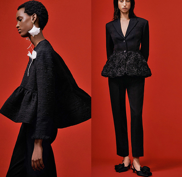 Erdem 2024 Pre-Fall Autumn Womens Lookbook - Indigo Denim Jeans Violetta Bloom Flowers Floral Bustier Gown Roses Trompe L'oeil Trapeze Dress Bodice Draped Sash Big Bow Paisley Tweed Jacket Peplum Tuxedo Tux Black Grain de Poudre Cocktail Dress Bedazzled Crystals Sequins Beads Silhouette Check Shirtdress Trench Coat Embroidery Puff Sleeves Strapless Pinafore Poodle Skirt Knit Sweater Blurry Pantsuit Blazer Minisksirt Pellegrina Butterfly Shoulders