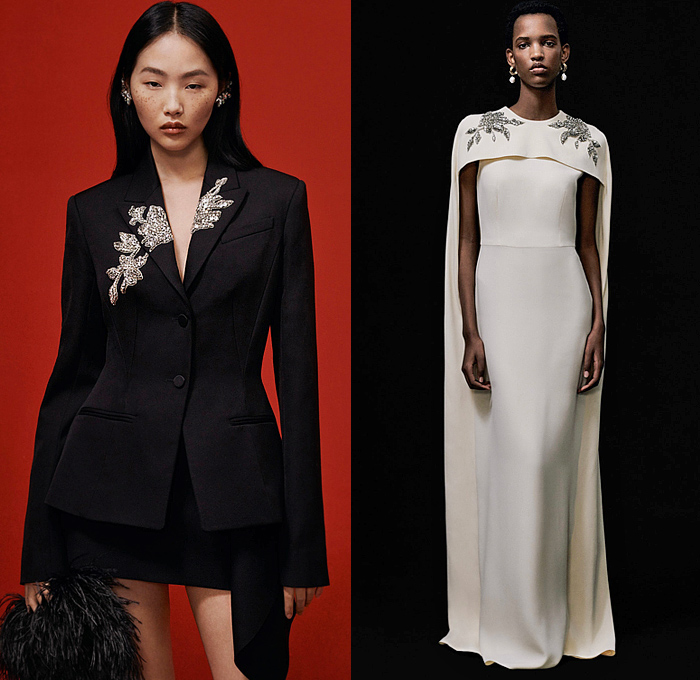 Erdem 2024 Pre-Fall Autumn Womens Lookbook - Indigo Denim Jeans Violetta Bloom Flowers Floral Bustier Gown Roses Trompe L'oeil Trapeze Dress Bodice Draped Sash Big Bow Paisley Tweed Jacket Peplum Tuxedo Tux Black Grain de Poudre Cocktail Dress Bedazzled Crystals Sequins Beads Silhouette Check Shirtdress Trench Coat Embroidery Puff Sleeves Strapless Pinafore Poodle Skirt Knit Sweater Blurry Pantsuit Blazer Minisksirt Pellegrina Butterfly Shoulders