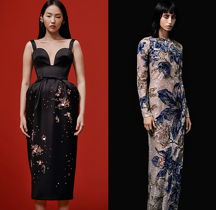 Erdem 2024 Pre-Fall Autumn Womens Lookbook - Indigo Denim Jeans Violetta Bloom Flowers Floral Bustier Gown Roses Trompe L'oeil Trapeze Dress Bodice Draped Sash Big Bow Paisley Tweed Jacket Peplum Tuxedo Tux Black Grain de Poudre Cocktail Dress Bedazzled Crystals Sequins Beads Silhouette Check Shirtdress Trench Coat Embroidery Puff Sleeves Strapless Pinafore Poodle Skirt Knit Sweater Blurry Pantsuit Blazer Minisksirt Pellegrina Butterfly Shoulders